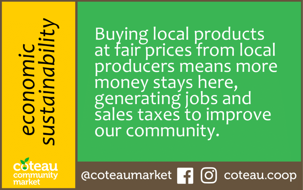 Economic Sustainability: Buying local products at fair prices from local producers means more money stays here, generating jobs and sales taxes to improve our community.
