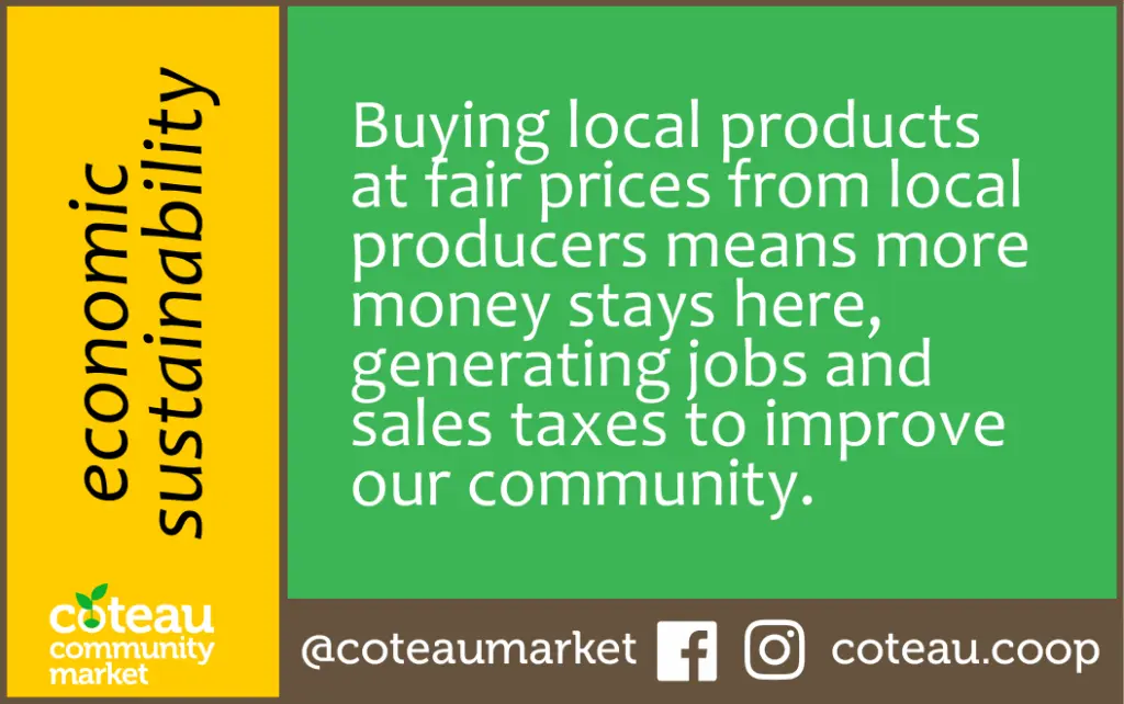 Economic Sustainability: Buying local products at fair prices from local producers means more money stays here, generating jobs and sales taxes to improve our community.