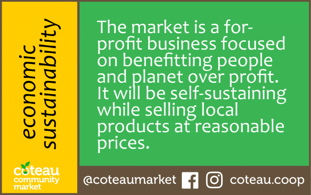 Economic Sustainability: The market is a for-profit business focused on benefitting people and planet over profit. It will be self-sustaining while selling local products at reasonable prices.
