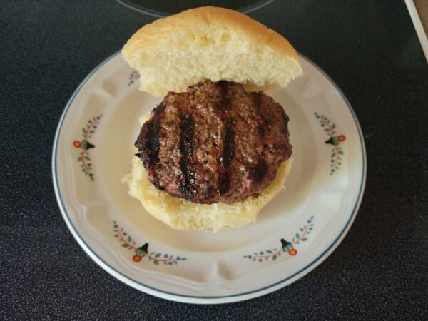 Grilled steak burger on a bun without any condiments or vegetables.