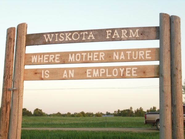 Three wood boards making up a sign that says "Wiskota Farm, where Mother Nature is an employee"