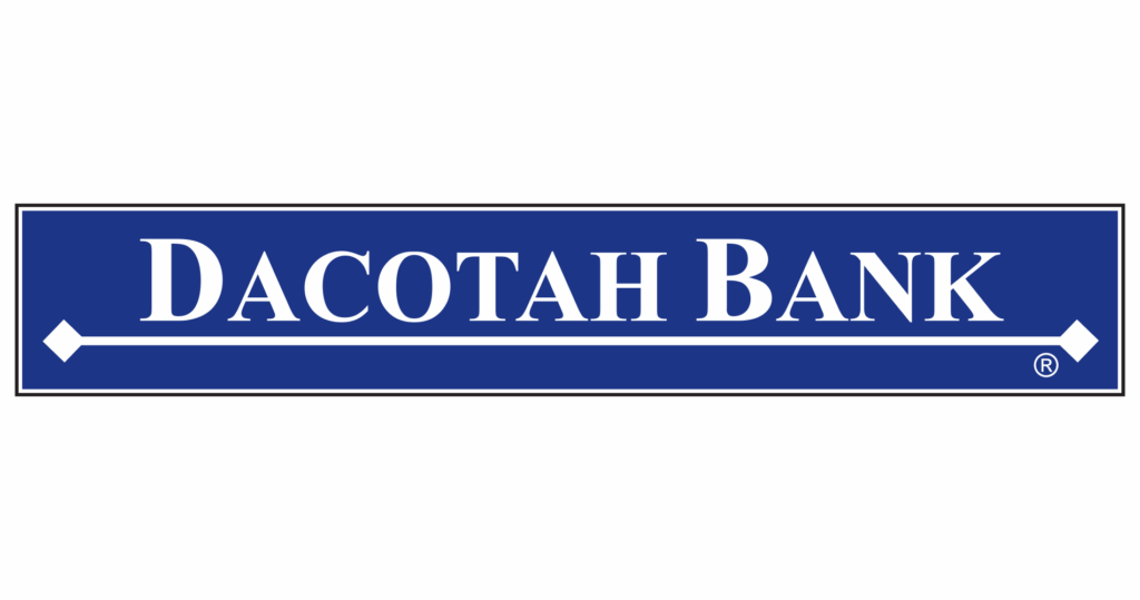 Dacotah Bank logo, white text on royal blue background, with white line underneath the text