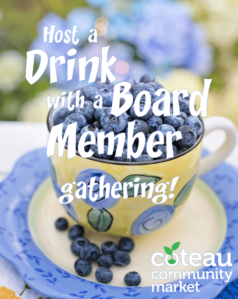 Image description: fresh blueberries filling a china teacup and saucer with the words "Host a drink with a board member gathering!" over the image.